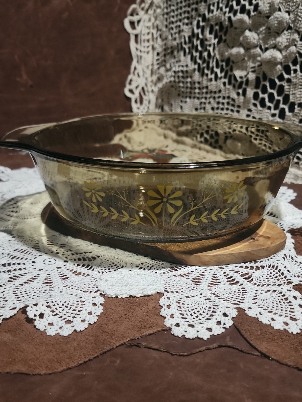 1970s Janette Glass Bake Amber Glass Baking Dish with Floral Motif
